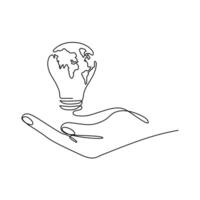 Continuous One line Earth globe inside of lightbulb and earth hour outline vector art illustration