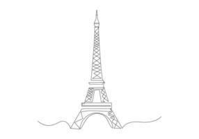 eiffel torre soltero uno línea dibujo. turismo y viaje saludo tarjeta postal concepto. moderno continuo línea dibujar diseño vector ilustración