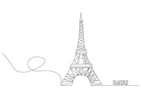 eiffel torre soltero uno línea dibujo. turismo y viaje saludo tarjeta postal concepto. moderno continuo línea dibujar diseño vector ilustración