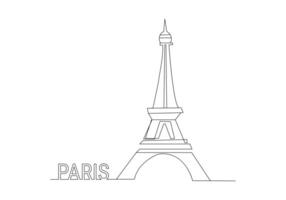 Eiffel Tower Single one line drawing. Tourism and travel greeting postcard concept. Modern continuous line draw design vector illustration