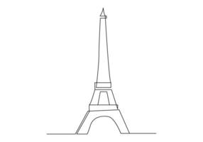 eiffel torre soltero uno línea dibujo. turismo y viaje saludo tarjeta postal concepto. moderno continuo línea dibujar diseño vector ilustración