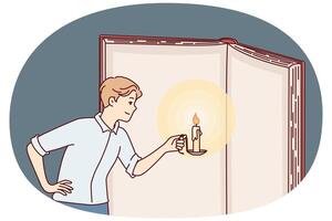 Inquisitive man with candle illuminates pages giant book in effort to gain knowledge. Vector image