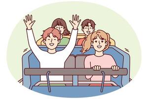 Joyful teenage children ride rollercoaster and raise hands smiling enjoying high speed. Vector image