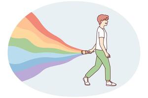 Young guy walks leaving behind rainbow symbolizes carelessness and positive attitude. Vector image