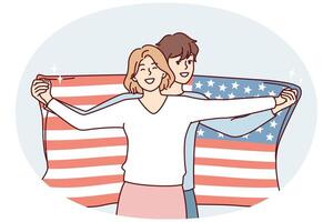 simpático Pareja de hombre y mujer posando con Estados Unidos bandera demostrando patriotismo. vector imagen