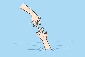 Savior hand helps drowning man get out of water, for concept getting into trouble vector