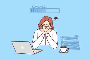 lento mujer oficina trabajador dormido a lugar de trabajo con ordenador portátil y documentos debido a carencia de energía vector