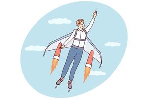 Man flies up with help of jet wings for concept of career growth or business success. Vector image