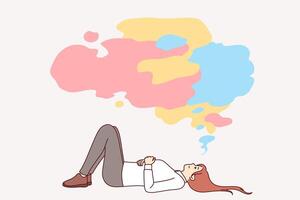 Business woman procrastinates lying on back under multi-colored cloud and not wanting to working vector