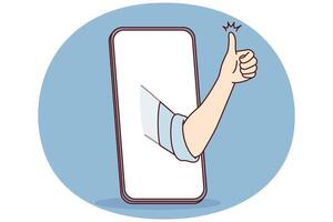 Mobile phone and hand with thumb up symbolizing approval of good app or website. Vector image