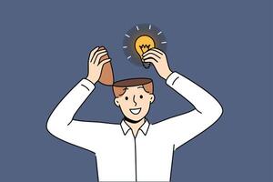 Man genius with new idea takes light bulb out of head after brainstorming to achieve success vector