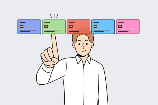 Man selects credit card on virtual screen, wanting to make cashless payments in application vector