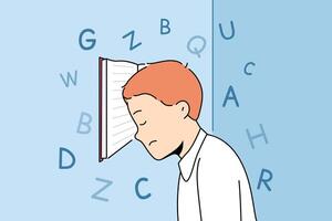 Boy with school textbook, tired due to grueling lessons, stands with head resting on book vector