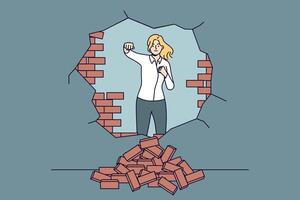 Strong woman breaks down barriers to business success by making hole in brick wall vector