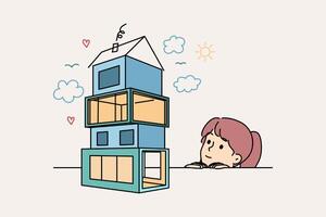 pequeño niña Sueños de propio casa, viendo modelo de casa en moderno arquitectónico estilo vector