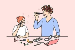 mamá y hija hacer maquillaje juntos, preparando para familia fiesta, en pie cerca mesa con productos cosméticos vector