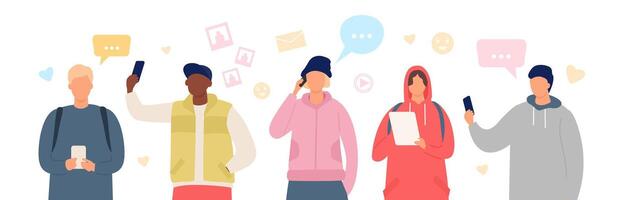 Group of people in smartphone chat. Young men and women use gadgets to communicate. Flat characters chatting in social media vector banner