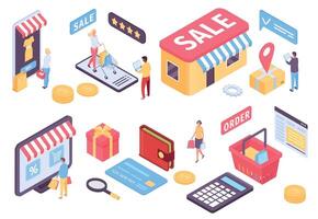 Isometric online shopping. Ecommerce mobile application for marketplace, shop discount and payment. Customers with bags and carts vector set