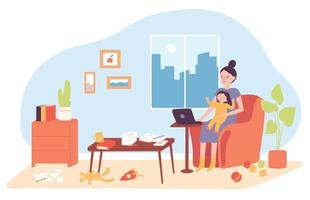 Cartoon freelance woman holding child and working remotely at home. Staying home with little baby. Mom with kid vector