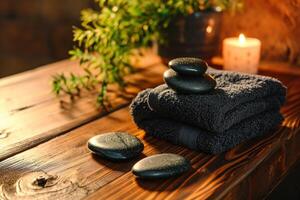 ai generado Tres de madera toallas y negro piedras en un de madera mesa foto