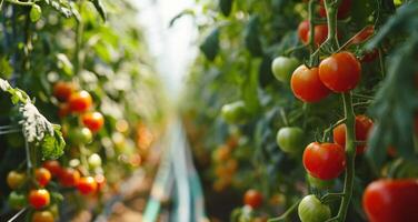 ai generado tomate plantación en un Amigable con el medio ambiente creciente instalaciones foto