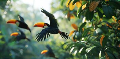 AI generated toucans flying in jungle photo