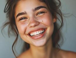 ai generado joven mujer sonriente con grande dientes en un gris antecedentes foto