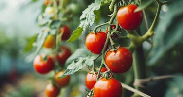 AI generated tomatoes on the vine inside a greenhouse photo