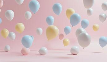 ai generado rosa, azul, amarillo, y blanco globos flotante en un rosado antecedentes foto