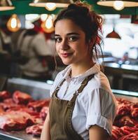 ai generado joven mujer en pie detrás carne en el Carnicero tienda foto