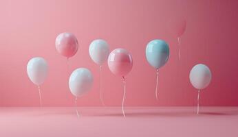 AI generated various whites and pastel colored balloons fly in front of a pink photo