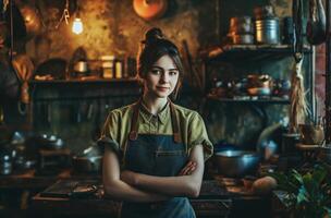 AI generated portrait of young woman dressed in an apron in a shop photo