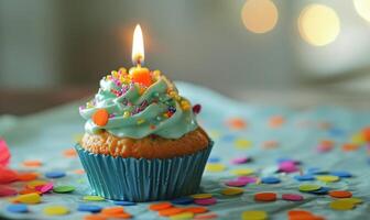 AI generated a colorful cupcake lit with a candle photo