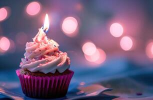 AI generated a colorful cupcake lit with a candle photo