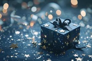 AI generated a gift box with stars and ribbons floating on blue background photo