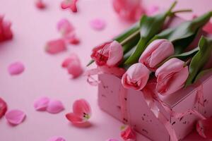 ai generado un regalo caja con rosado flores y tulipanes es sentado en un rosado antecedentes foto