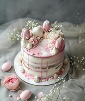 AI generated a cake with pink and white decorations in the middle photo