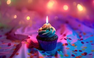 AI generated a colorful cupcake lit with a candle photo