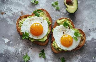 AI generated a heart shaped toast with avocado and eggs on top of a gray tile photo