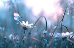 ai generado un flor es en el campo con un mariposa flotando terminado él, foto