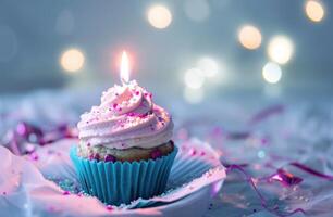 AI generated a colorful cupcake lit with a candle photo