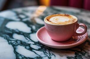 AI generated a pink coffee with heart design sitting on top of white plate photo