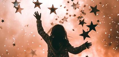 AI generated a girl is standing in front of several stars flying out of her hands photo