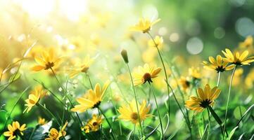 AI generated a green background with yellow daisies and sunlight photo