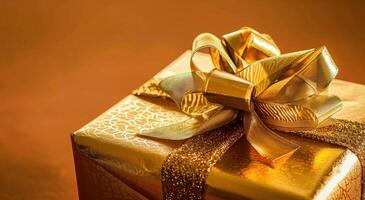 AI generated a gold gift box with a bow and golden ribbon photo
