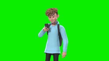 une dessin animé garçon est en utilisant le sien téléphone sur une vert écran video