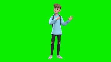 en tecknad serie pojke är vinka hans händer i främre av en grön skärm video