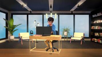 a woman sitting at a desk in front of a computer video