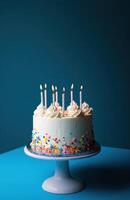 AI generated birthday cake on a blue background photo