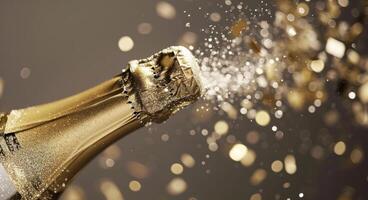 AI generated champagne bottle spewing champagne dust on a white background photo